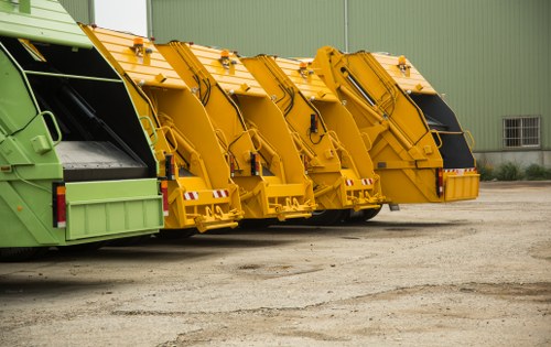 A lineup of four large rubbish collection vehicles parked on a gravel surface in front of a green industrial building. The first vehicle on the left is painted green, with an open rear section revealing a black interior for waste transfer. The next three vehicles are painted yellow, each with closed rear compartments, with hydraulic lifting mechanisms and warning reflective stripes visible on the backs. The vehicles are arranged side by side, with the yellow vehicles positioned toward the right of the image, and their surfaces show signs of use, with some dirt and minor scuffs. The environment appears to be a waste management depot or storage area, and the overall scene is illuminated by natural daylight, emphasizing the robust construction of the vehicles. This image fits within the context of rubbish collection services offered by Rotherhithe House Clearance in London, serving local waste management needs.